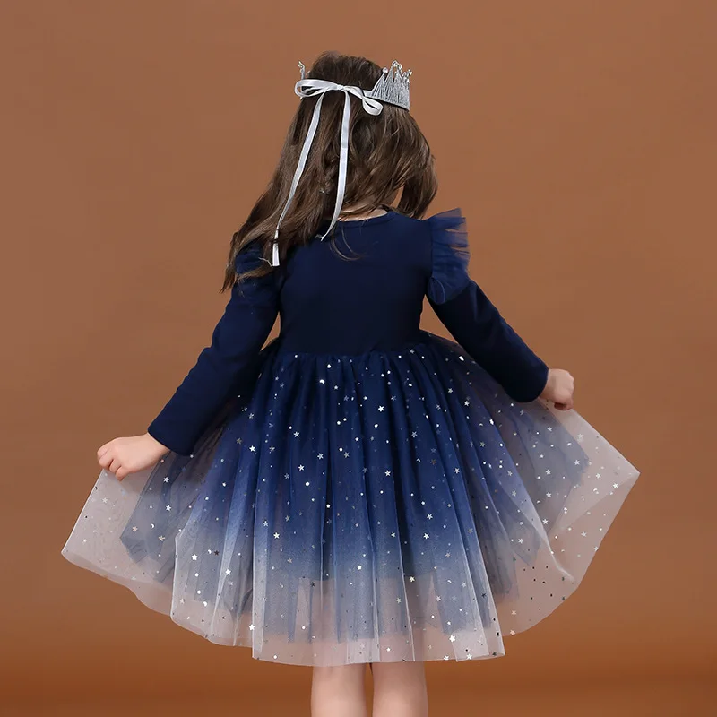 Sweet Girls Party Evening Dress Starry Gradient Long Short Sleeve Princess Bubble Fashion Dress Children\'s Clothes Girls Dresses