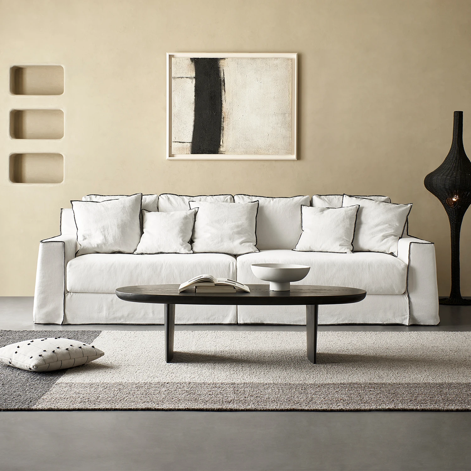 Shadow seeking sofa, wabi-sabi style, white linen fabric, living room three-person in-line minimalist cream style Z