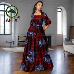 African Dress for Women Ankara Print Square Collar Half Sleeve Floor-Length Dress with Earrings Dashiki Casual Party Dresses
