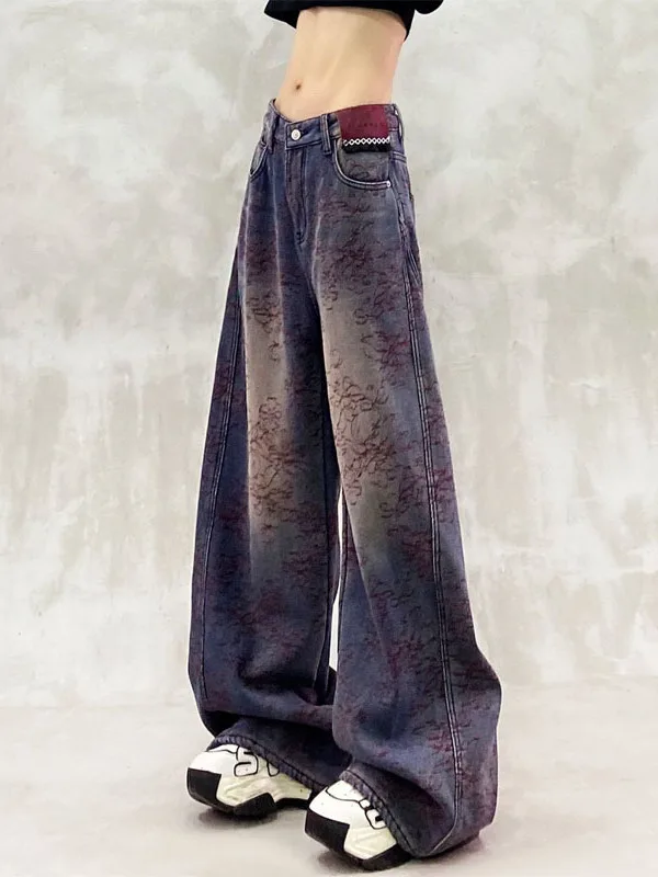 

High Waist Loose Fit Printed Denim Jeans Women's Spring New Sle Side Stripe Patchwork Slimming Straight Leg Wide Leg Pants