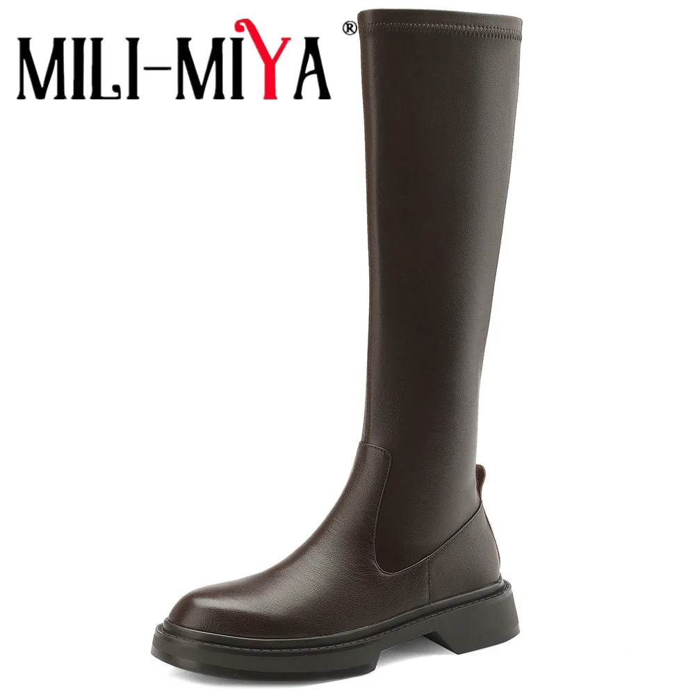 

MILI-MIYA New Arrival Women Cow Leather&Stretch Microfiber Splicing Knee High Boots Solid Color Low Thick Heels Handmade