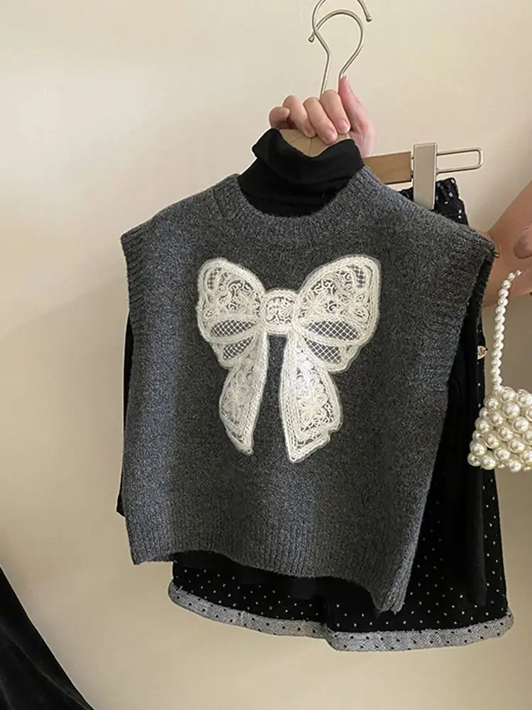 Spring and Autumn New Girls' Set Grey Lace Bow Knitted Vest Children's Wave Point Curled Edge Straight Leg Pants 2-piece Set