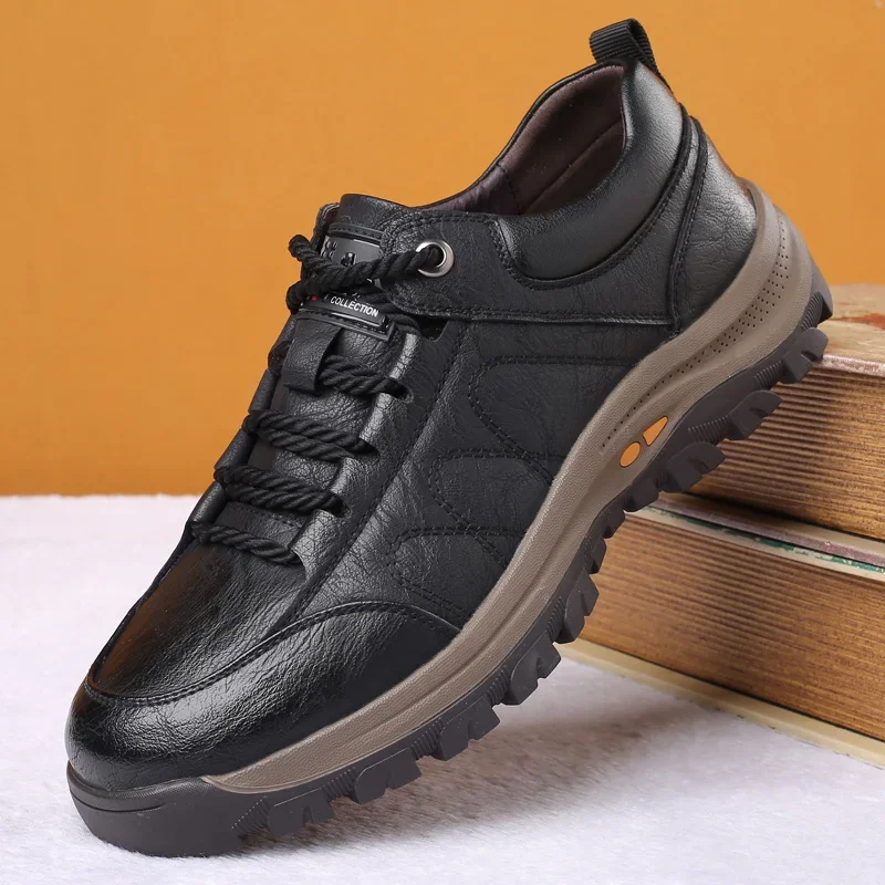 Zapatos informales de cuero partido para hombre, zapatillas con cordones, suela gruesa, costura, color negro y marrón, talla grande 45 46, 2024