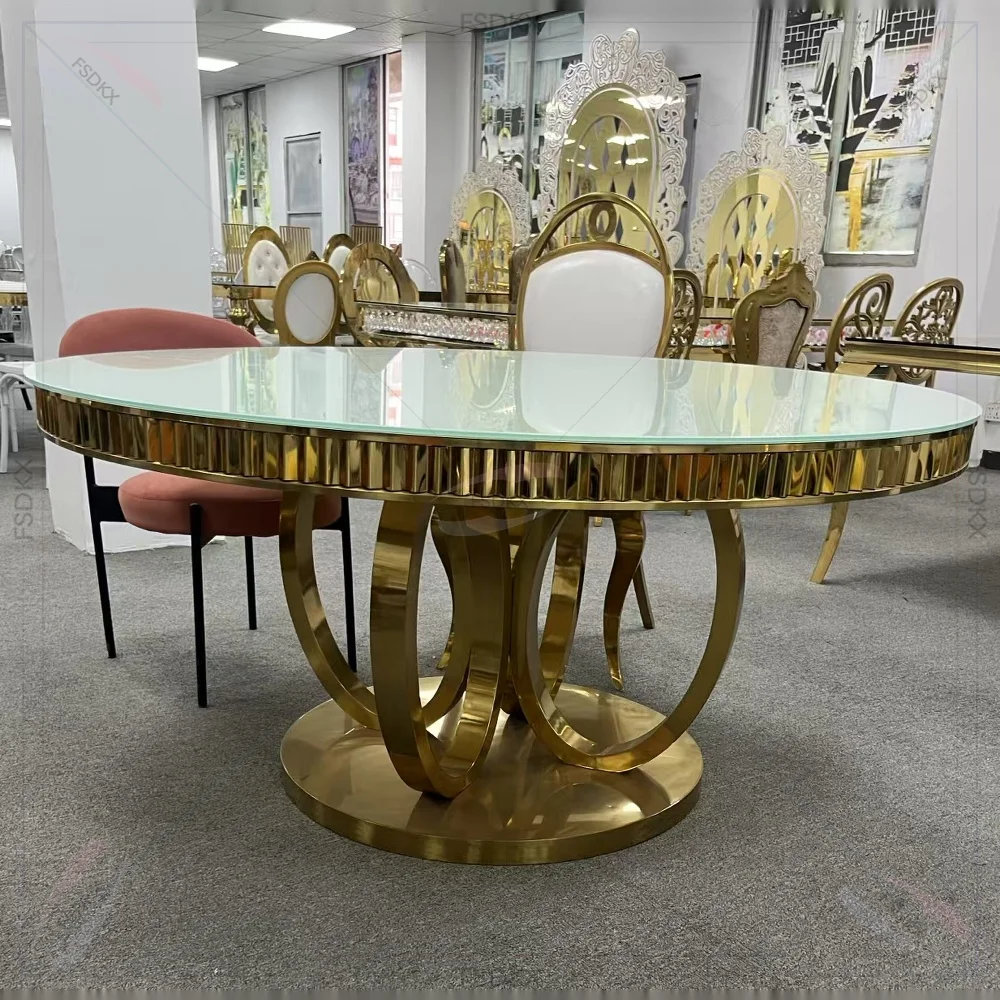

Modern Design Golden Round Dining Table for Dining Room and Hotel Villa Luxury Metal Frame Glass Top Dining Table Furniture