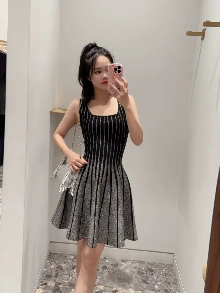 Stylish vertical striped sleeveless halter dress black knitted tinsel striped stretchy Slim A-line women\'s dresses 2024 new