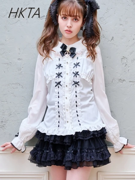 Camicia Liz in stile giapponese Donna Ragazza Lolita Camicetta 2025 Estate Nuovo amore Ciondolo Fiocco in pizzo Miniera Camicie a maniche lunghe Top bianco Mujer