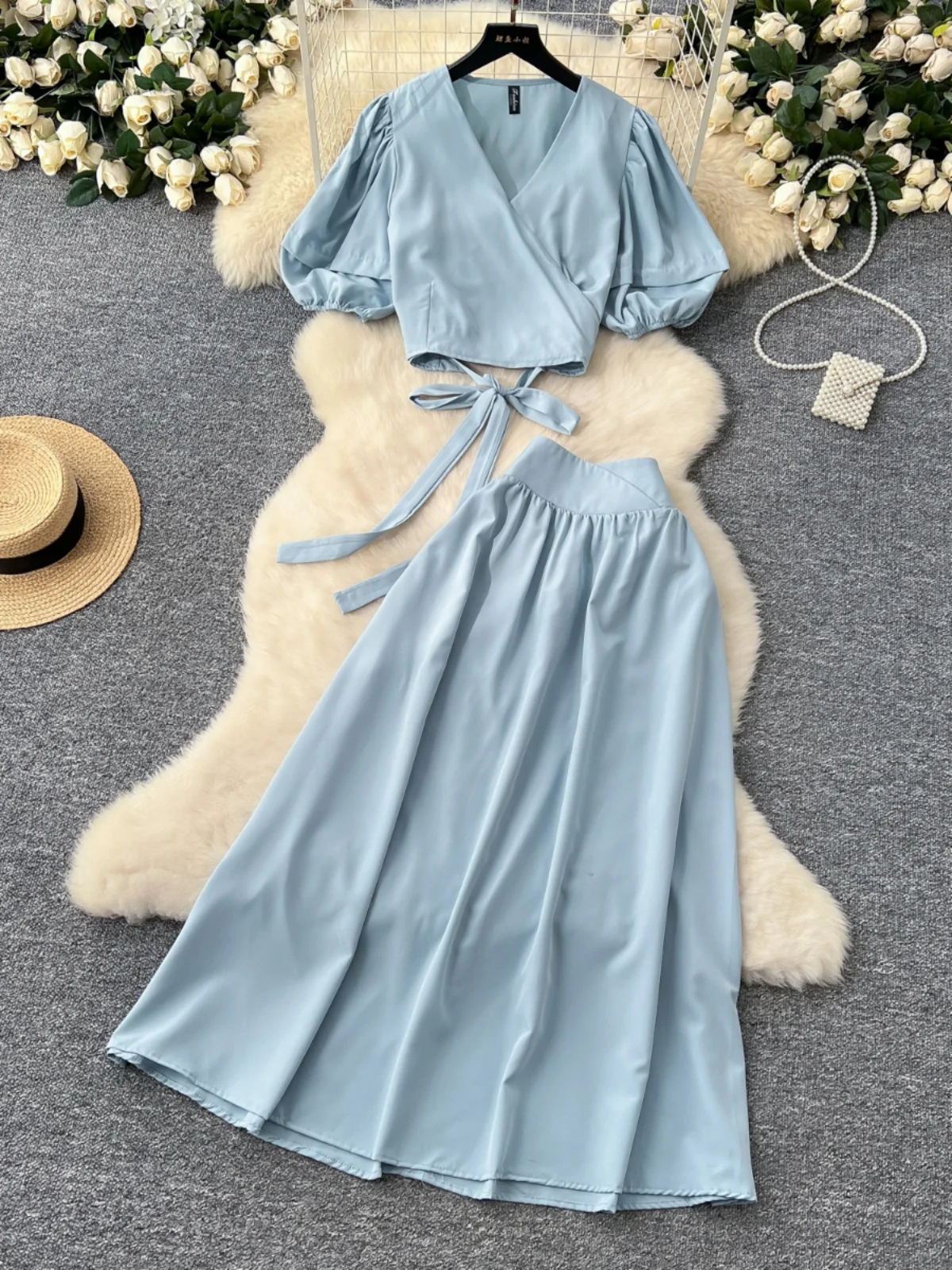 

Летний женский однотонный элегантный бандажный топ с v-образным вырезом и короткими рукавами и плиссированной длинной юбкой с высокой талией, популярный французский комплект из двух предметов