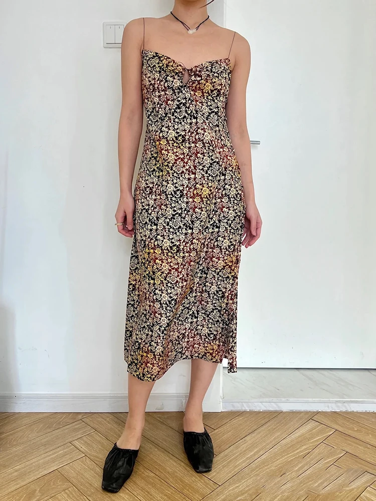 

Floral Halter Long dresses Chic High Street Straight Side Split V-Neck Women's Dresses 2024 Summer New