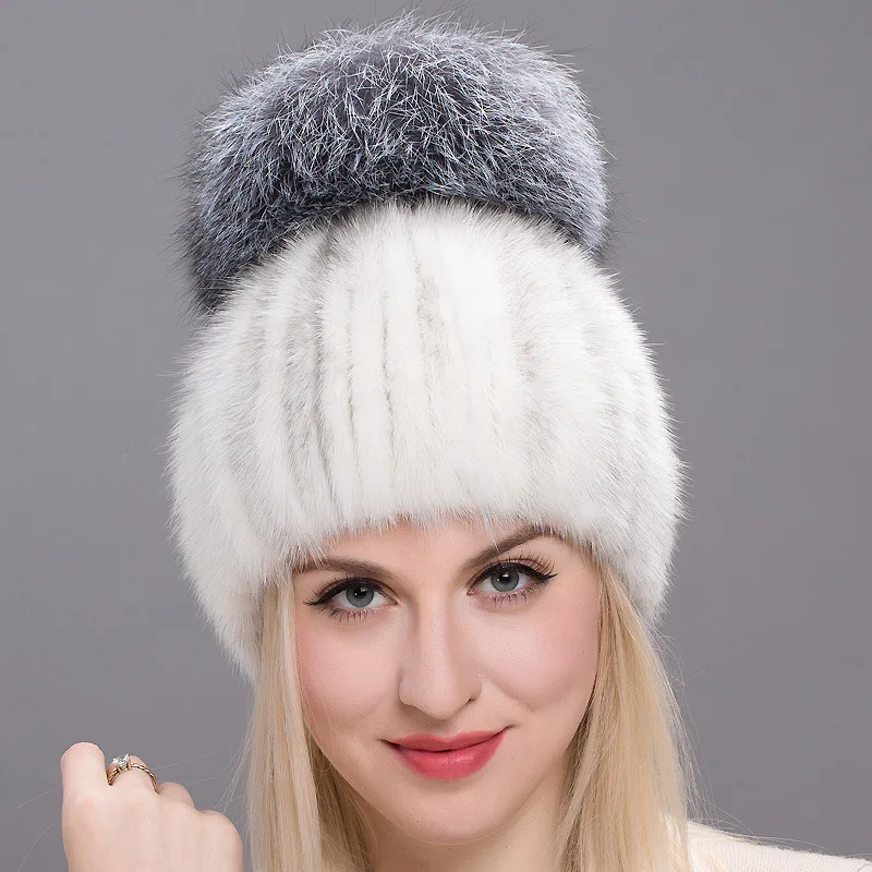 

Mink Fur Grass Hat Fashionable Women Mink Woven Hat Fox Fur Big Ball Warm Knitted Hat Autumn and Winter Beanies