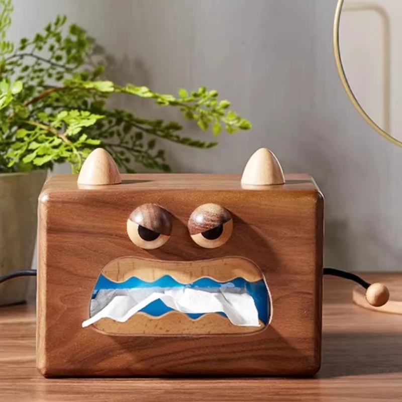 

Walnut tissue box Little monster wooden living room dining table tissue box storage household cartoon side pumping carton
