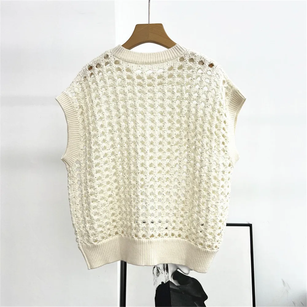 25 ใหม่เสื้อแขนกุดคอกลมกลวงเลื่อมถักเสื้อกั๊กผู้หญิง