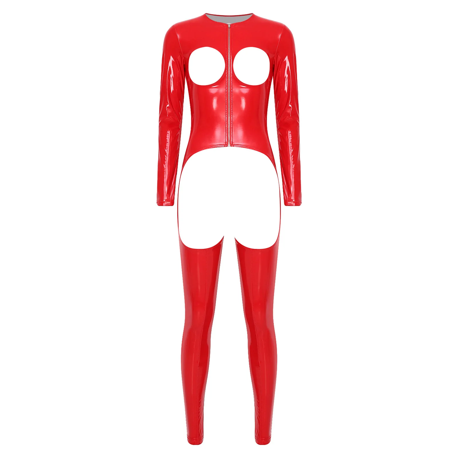 

Wet Look Romper for Women PU Leather Hollow Out Cup Crotchless Legging Pants Bodysuit Tempting Jumpsuit for Nightclub Rave Party