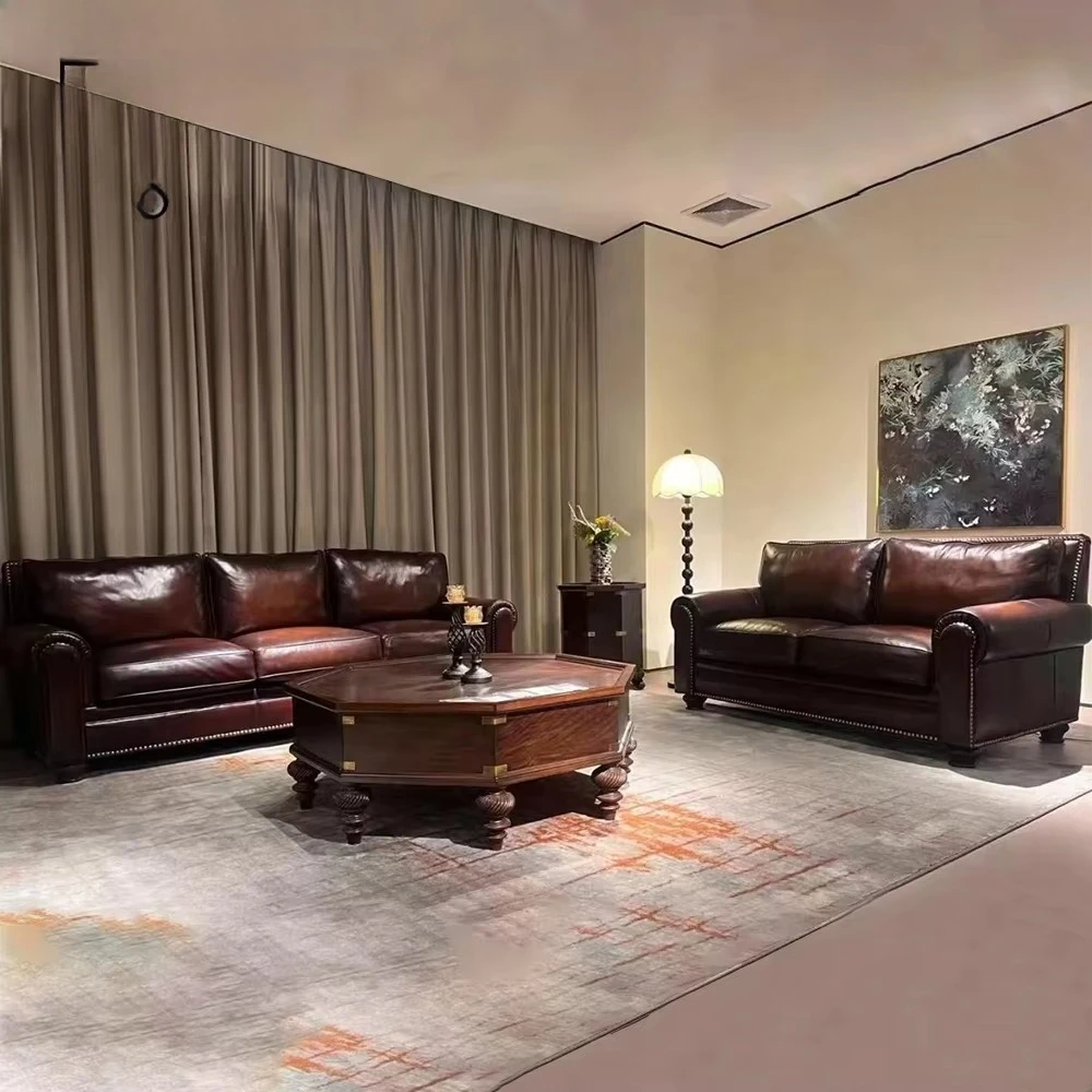 American Style Multifunctional Three-person Straight Sofa Large Barton Brown Hand-polished Genuine Leather Split Back Living