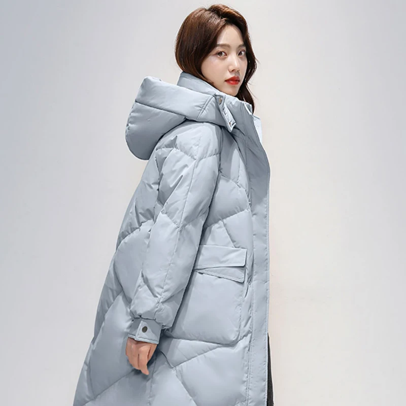 Women\'s Winter White Duck Down Coat Casual Down Coat Long Coat Women\'s Outdoor Clothing Loose Padded Hooded Warm Parka