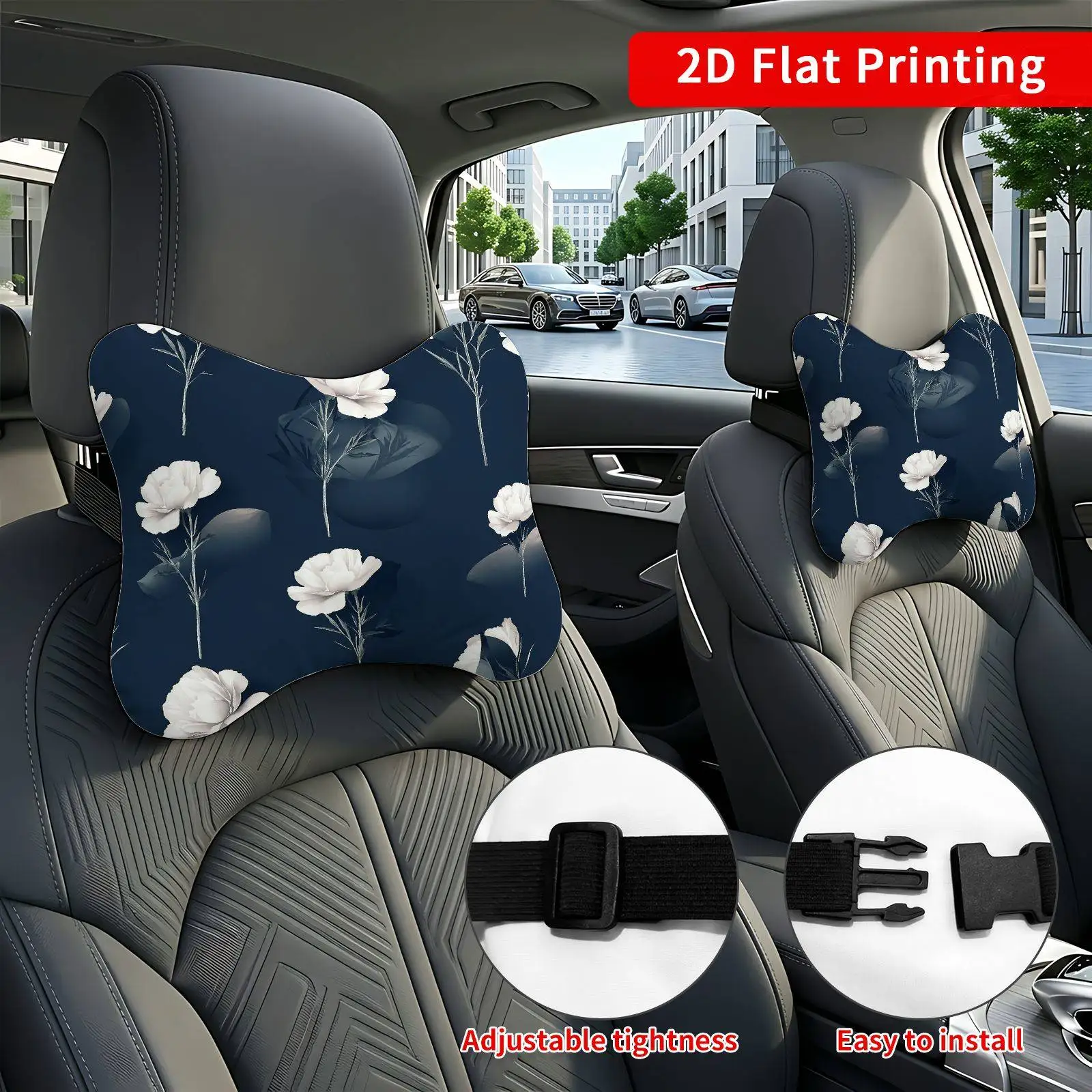 2pcs Navy White Floral Car Seat Headrest, Neck Support Cushion, Suitable For All Seasons Of Car Additions, Floral Theme, Travel