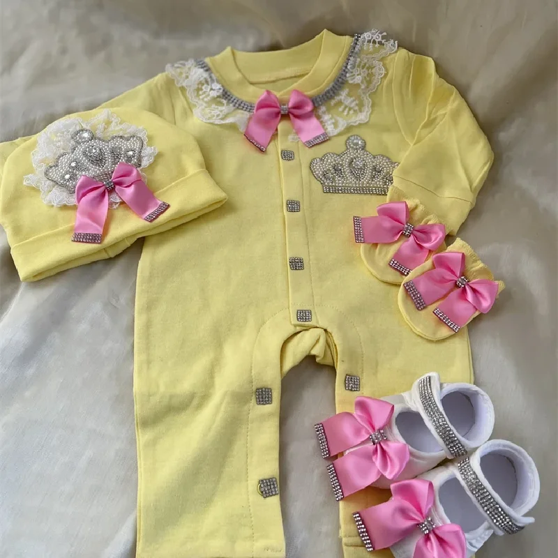 Dollbling Champage Newborn Baby Personalized Outfits 4 Pieces Origin Turkey Welcome Home Hospital Crown Jewelry Romper Set