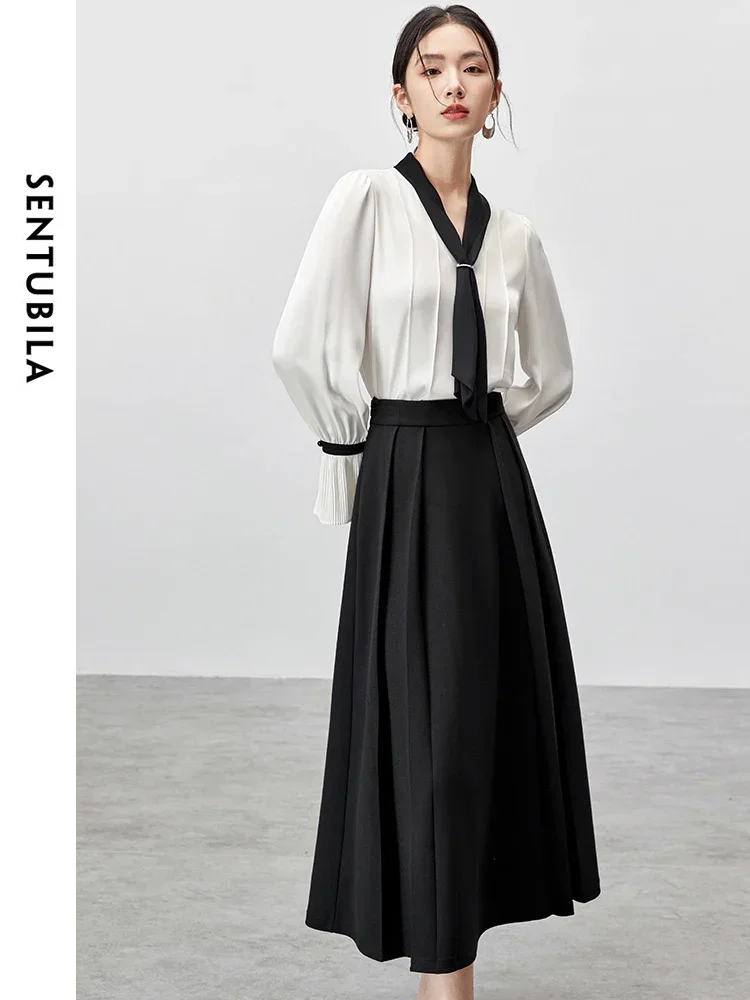 

SENTUBILA Женский комплект с текстурной юбкой, осень 2025 г., лоскутный топ на шнуровке с расклешенными манжетами, плиссированная юбка трапециевидной формы, комплекты из 2 предметов 143Z55860