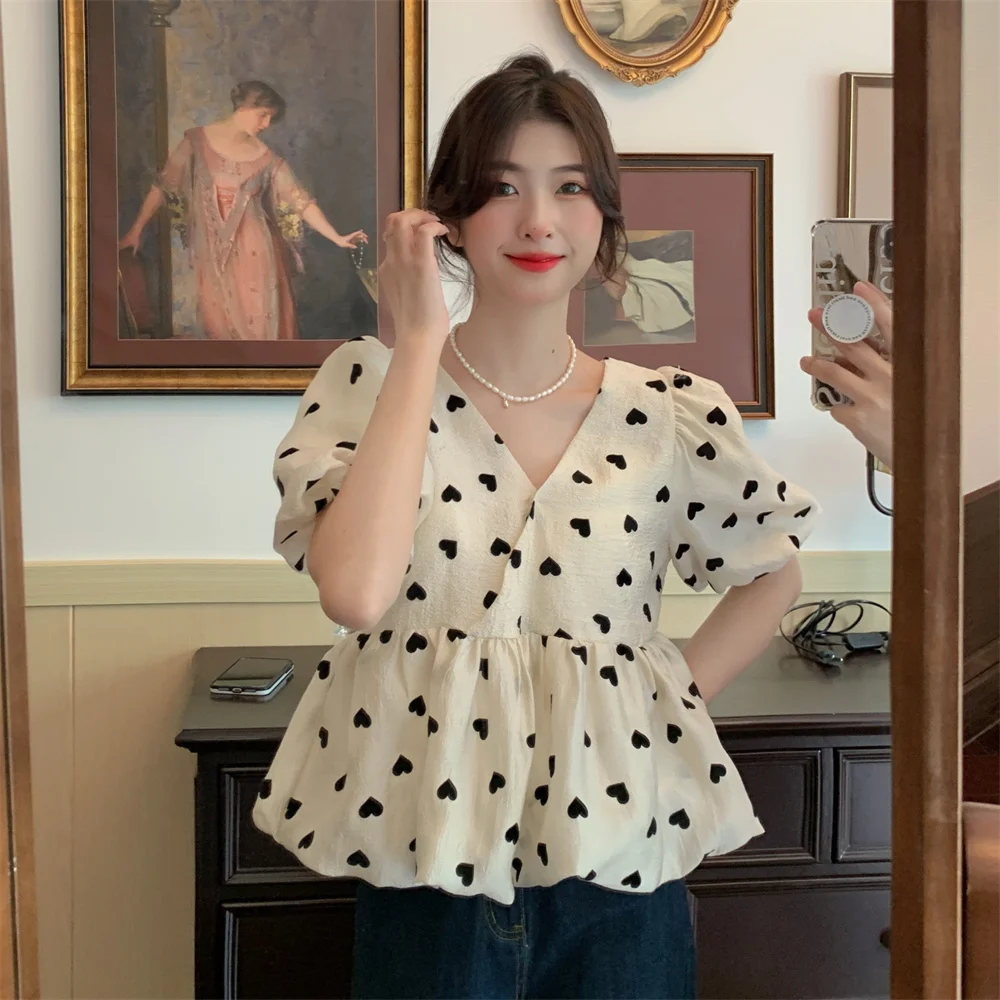 Camicie a maniche corte da donna Ins Style Mesh Splicing Pintuck Tunica corta Trendy Artistico Studente urbano Blogger Estate giovanile