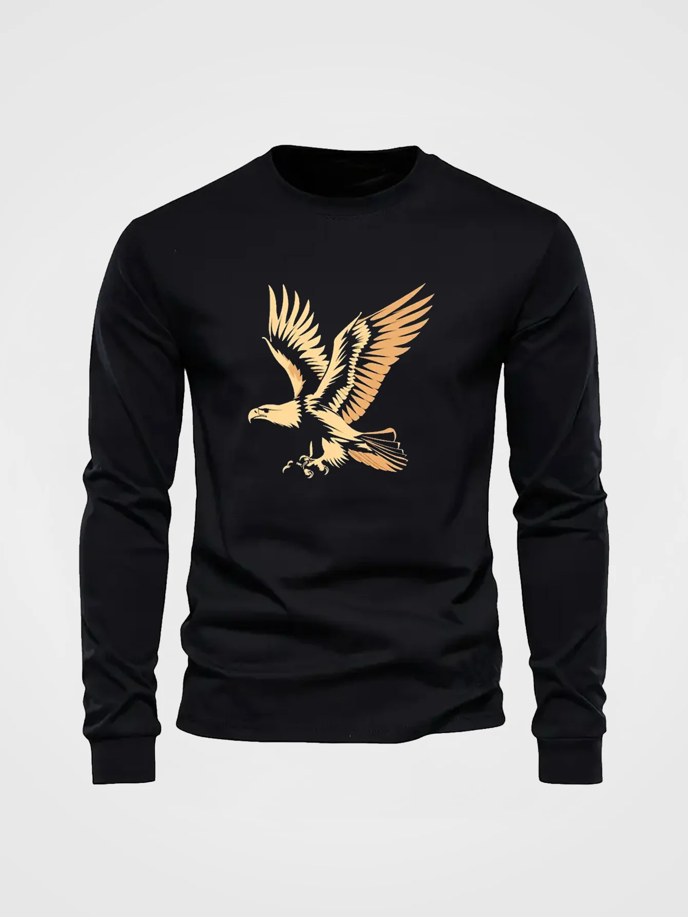 Men's Casual Long Sleeve T-Shirt with Eagle Cartoon Print -  Crew Neck, Rib-Knit Knit Fabric, Slight Stretch, H-Fit, for Fall & Winter