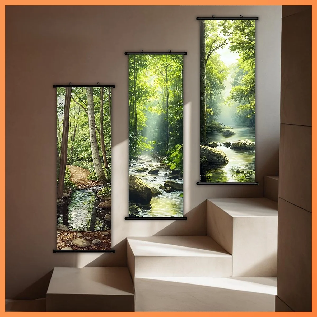 3pcs Modern Vertical Forest River Wall Art Scroll Painting Framed Hanging Landscape Artwork Decor for Living Room Bedroom Office