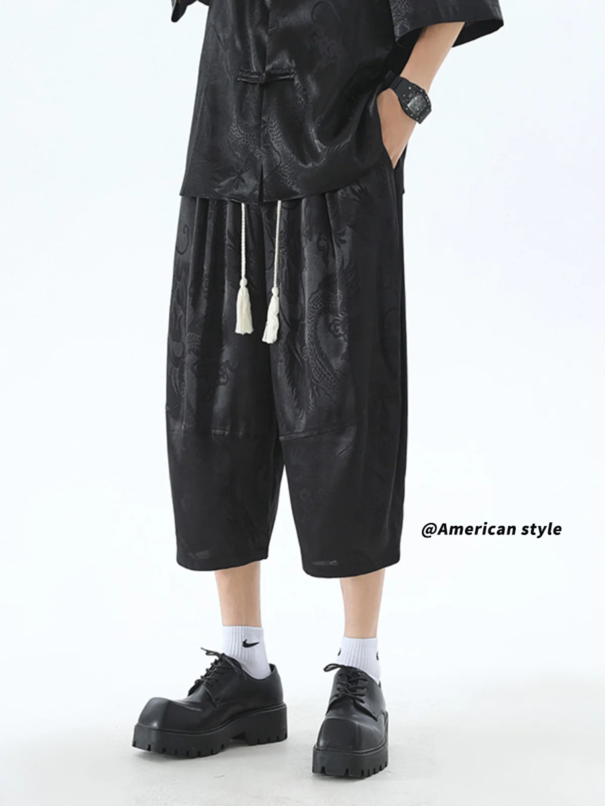 

Новые китайские брюки-шаровары из ледяного шелка с драконьим узором, мужские летние тонкие охлаждающие брюки-рутабаги, высококачественные повседневные брюки