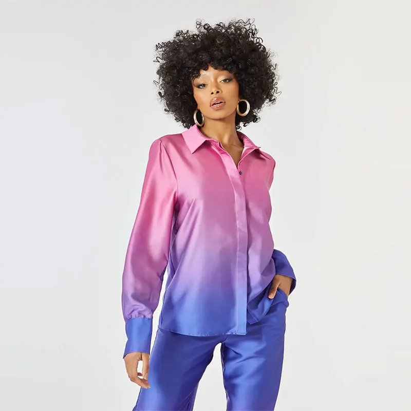 Ardm Elegant Tie Dye Pant Sets Colorful Gradient Satin Long Sleeve Shirt High Waist Wide-leg Pant Streetwear 2 Piece Sets Women