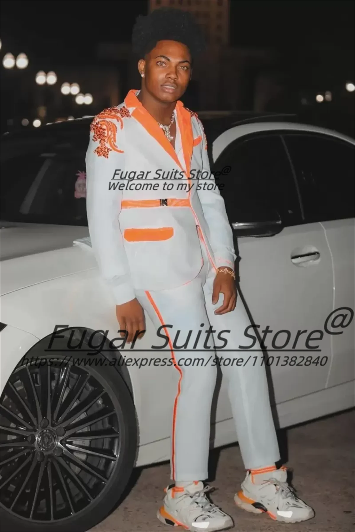 

Luxurious Beading Groom Wedding Tuxedos Customized Modern White Prom Men Suits Slim Orange Notched Lapel 2 Pcs Sets Ropa Hombre