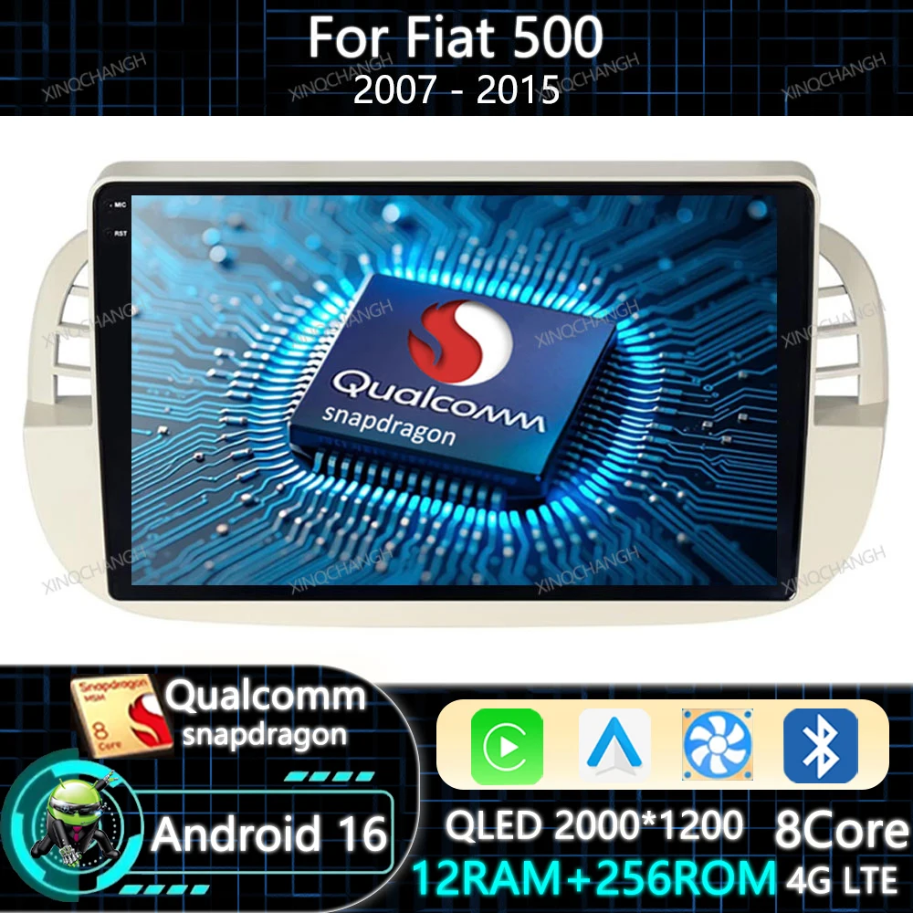 Android 16 Car Radio Carplay Auto For FIAT 500 2007 - 2015 BT 2DIN QLED Qualcomm Multimedia Video Player 4G LTE 5G WIFI GPS BT