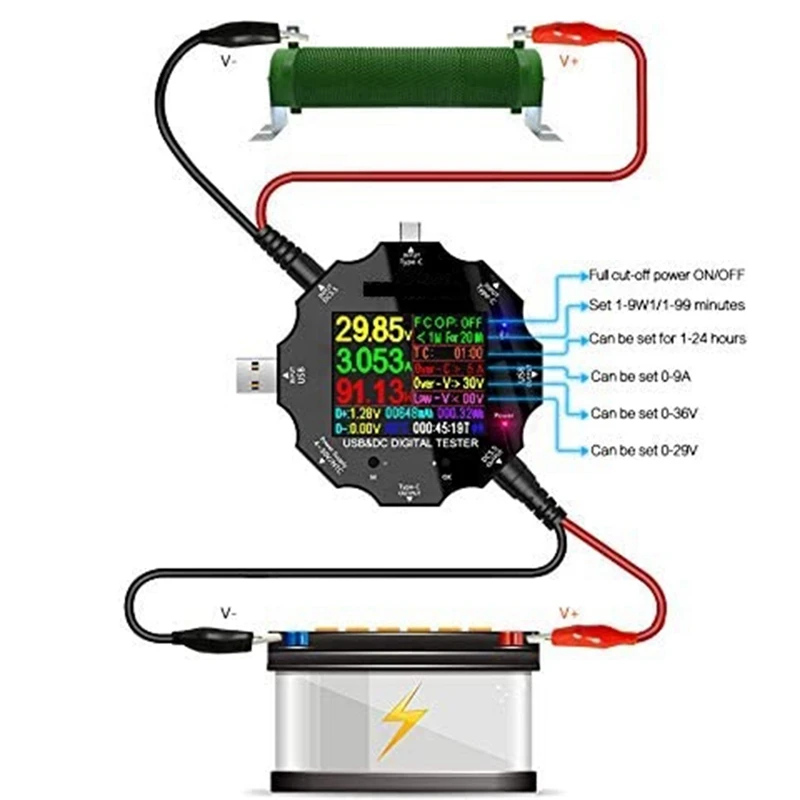 Tester USB C, Tester 3 w 1 Type C DC5.5 USB kolorowy ekran IPS cyfrowy multimetr, wykrywacz pojemności, z klipsem