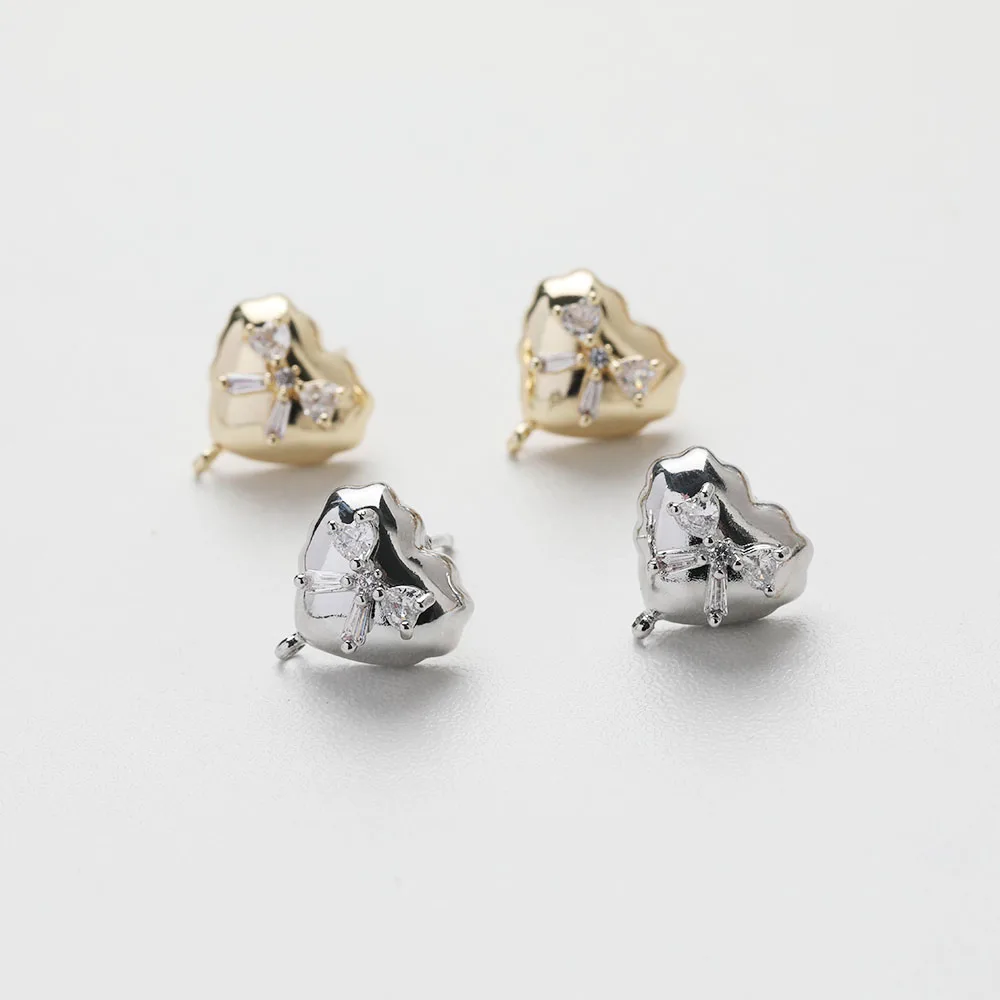 

2PCS 14K Gold Plated Heart Inlaid Zircon Bow Earrings Stud DIY Making Supplies Jewelry Material Accessories