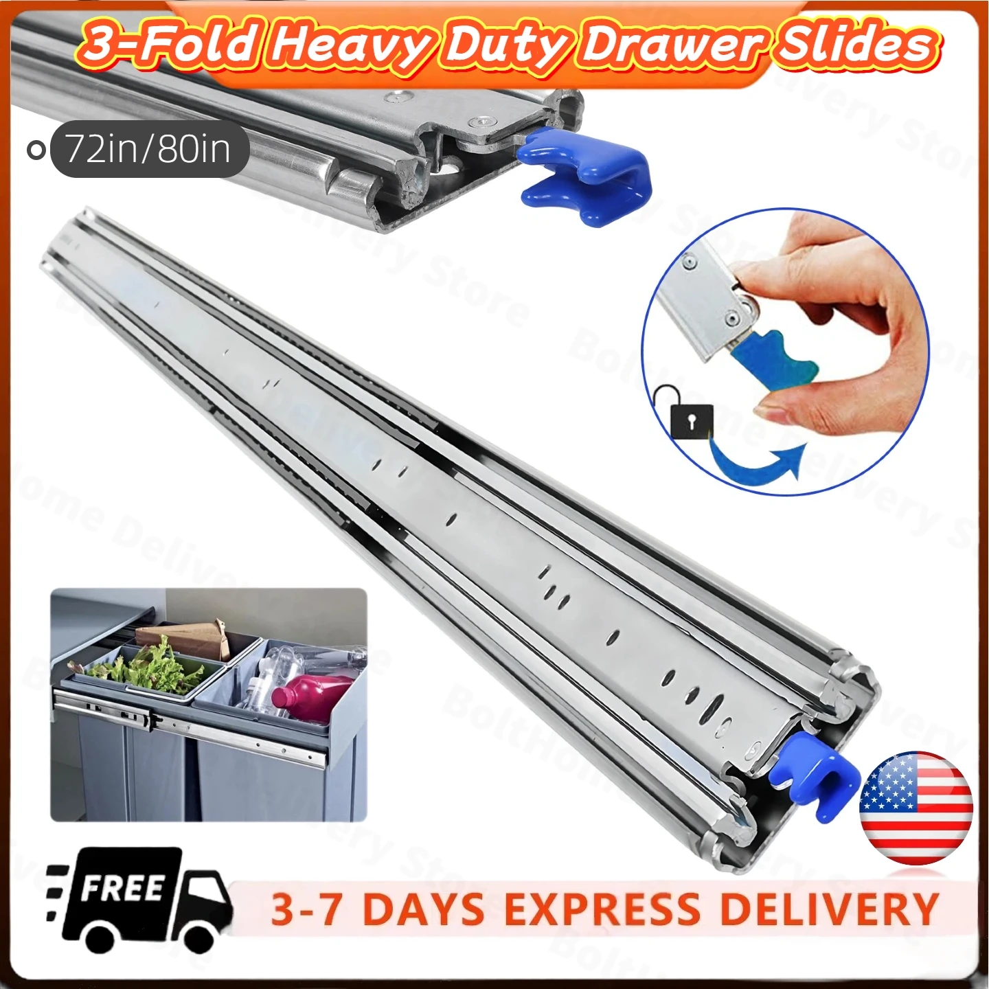 

1 пара сверхмощных направляющих для ящиков с замком, 3-кратные металлические направляющие с полным выдвижением, боковые направляющие, направляющие, направляющие, 500 фунтов