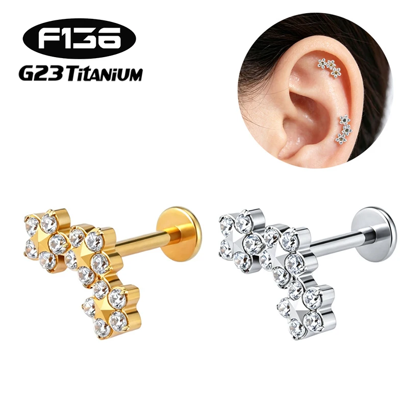 1PC G23 Titanium Triple CZ Flower Cluster Labret Internally Threaded Cartilage Tragus Stud Nose Monroe Piercing Body Jewelry