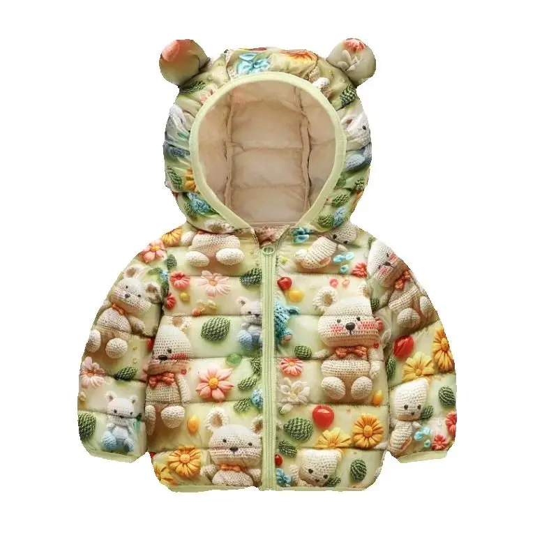 2025 Neue Kinderjacke für Jungen und Mädchen, Herbst und Winter, koreanischer Stil, bedruckt mit Hasenohren, Kapuzenjacke, warm, 0-5 Jahre alt