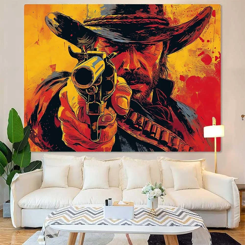 Masculine Western Tapestry Wall Hanging Gunslinger Portrait Pop Art Style Wild West Cowboy Decor Art Print for Home Decoration