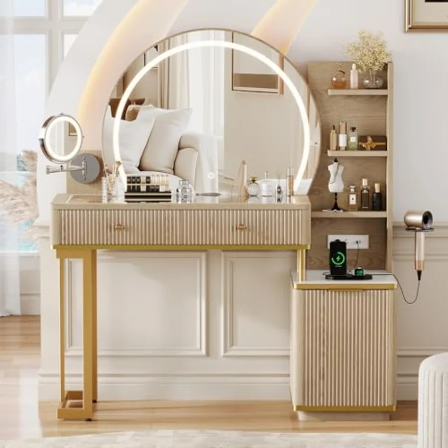 Makeup Vanity Desk with Round Mirror and Lights, Glass Top Vanity Table w/5x Magnifying Makeup Mirror, Dressing Table w/Power O