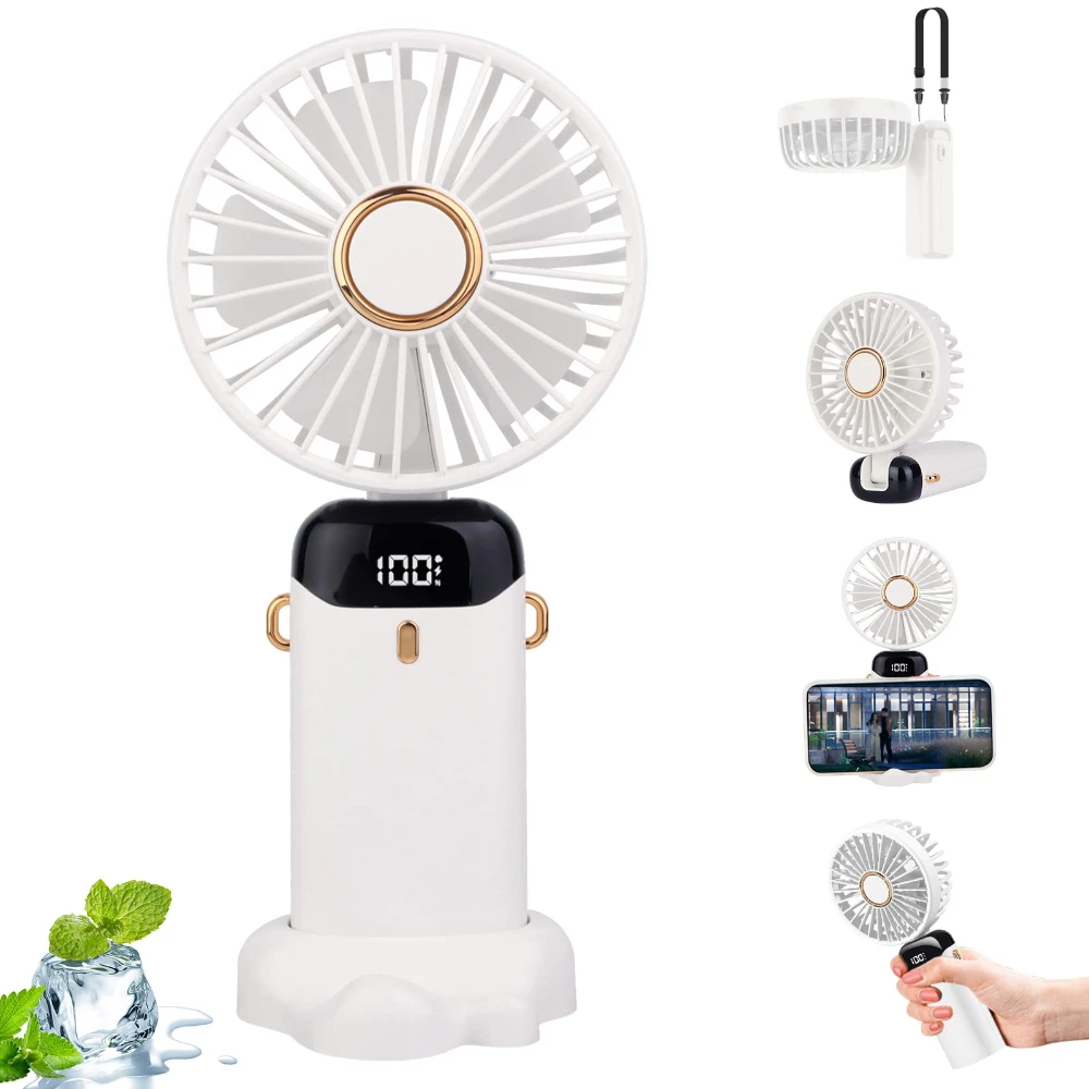 Portable Handheld Rechargeable Fan Battery Operated Fan with Base Digital Display, 5 Speeds, 90° Ajustable for Outdoor Indoor