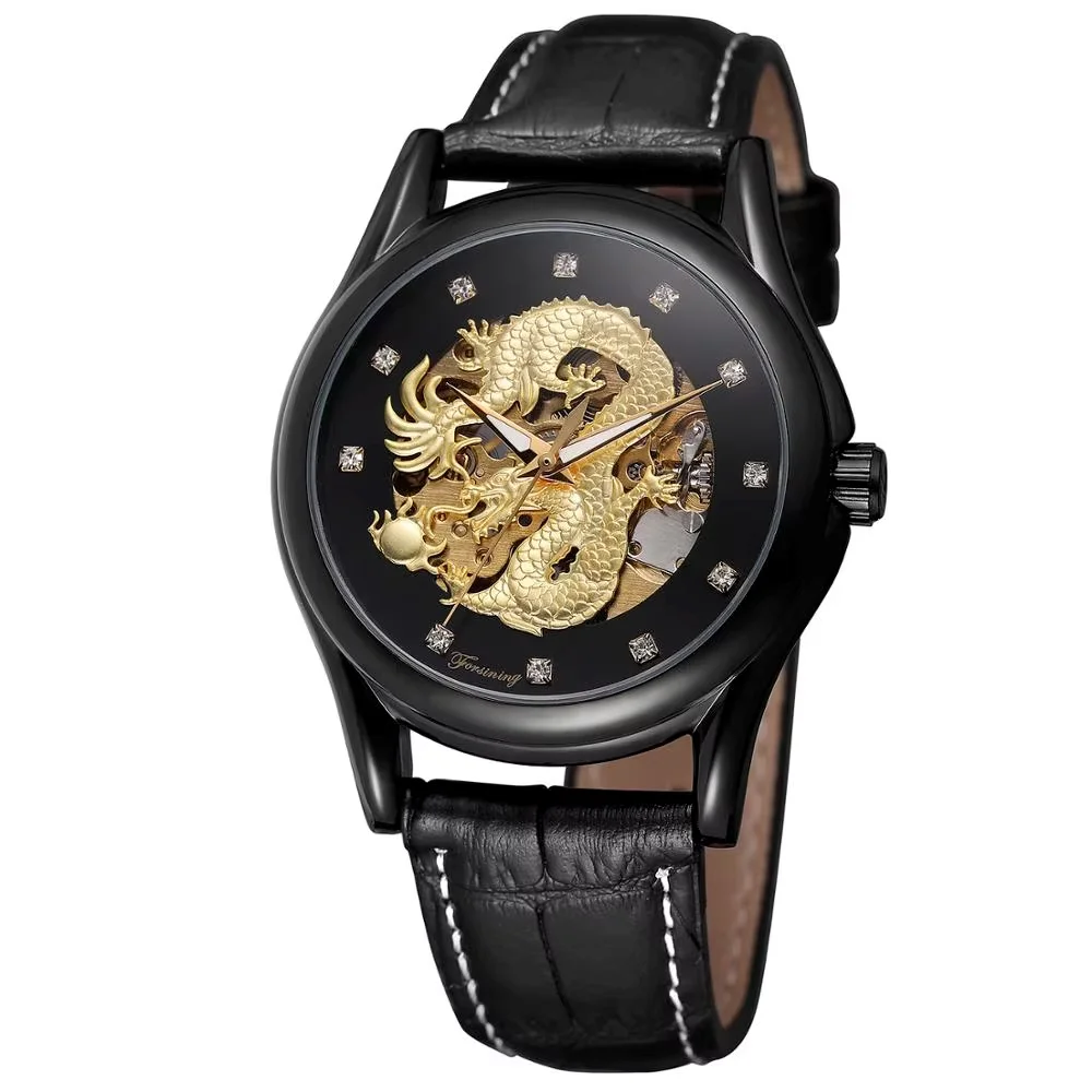 FORSINING Fashion casual men's watch gold dragon carved black case black dial black leather strap automatic mechanical watch