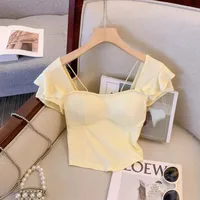 Korean Sle Versatile Design Square Collar ort Sve T-irt ow Body ape Ele Small Flng Sve Belly up Top - Image 2