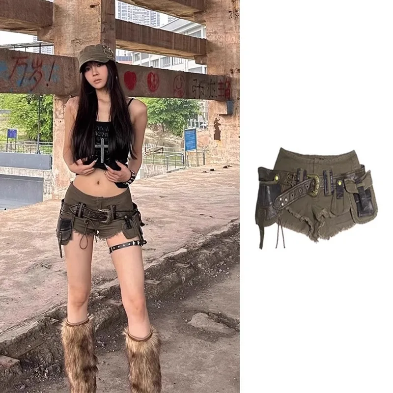 GG American High Street Y2k Babes Mini Shorts Vintage Wasteland Style Cargo Denim Pants Women Retro Low Rise Hot Pants Summer