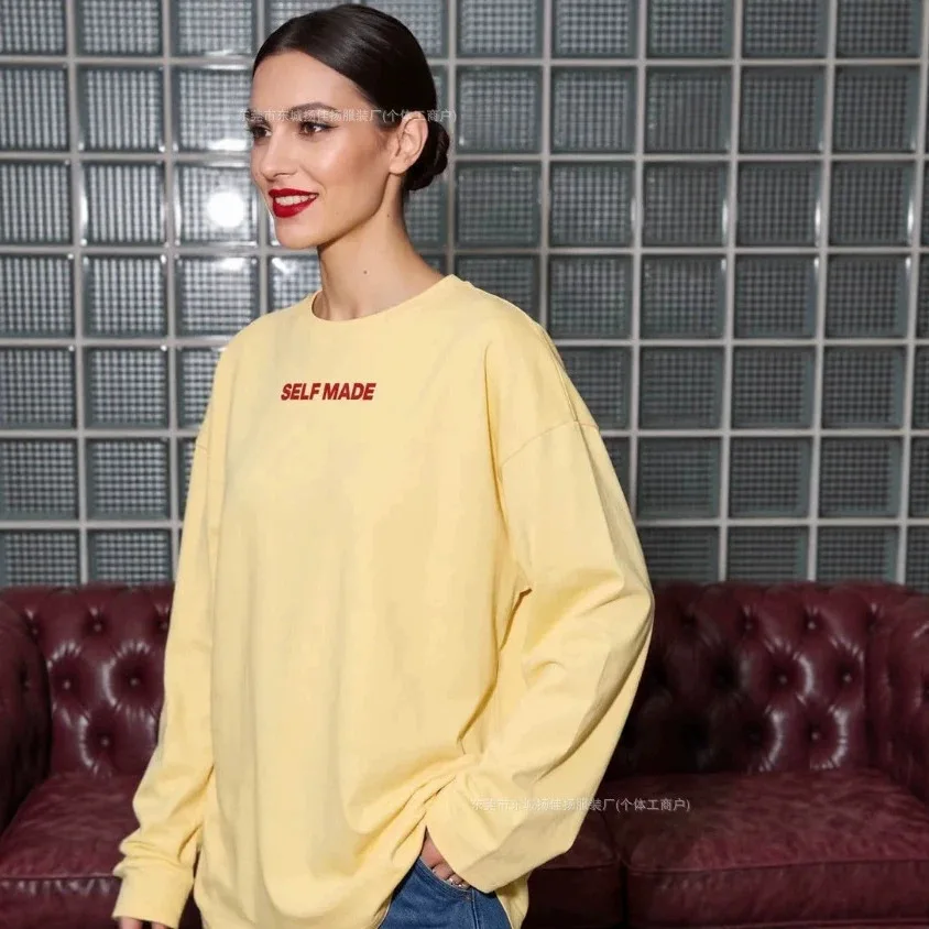 sweet simple Women 100% Cotton Long Sleeve T Shirt SELF MADE Slogan Letter Print o Neck Loose Oversized Casual Streetwear Tees