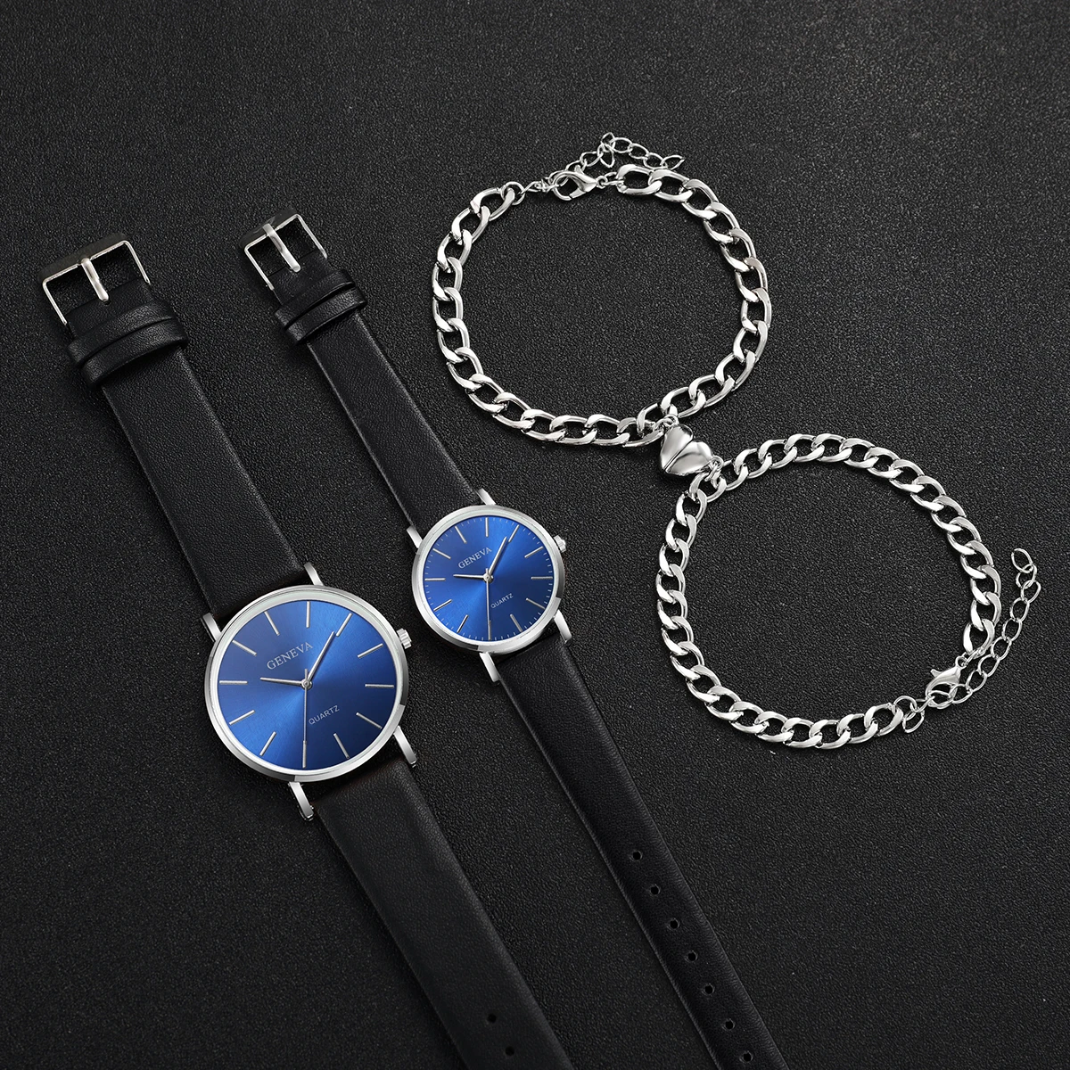 4PCS Couple’s Watches Sest Fashion Blue Dial Women\'s Quartz Watch Men Leather Band Wristwatches Heart Bracelets