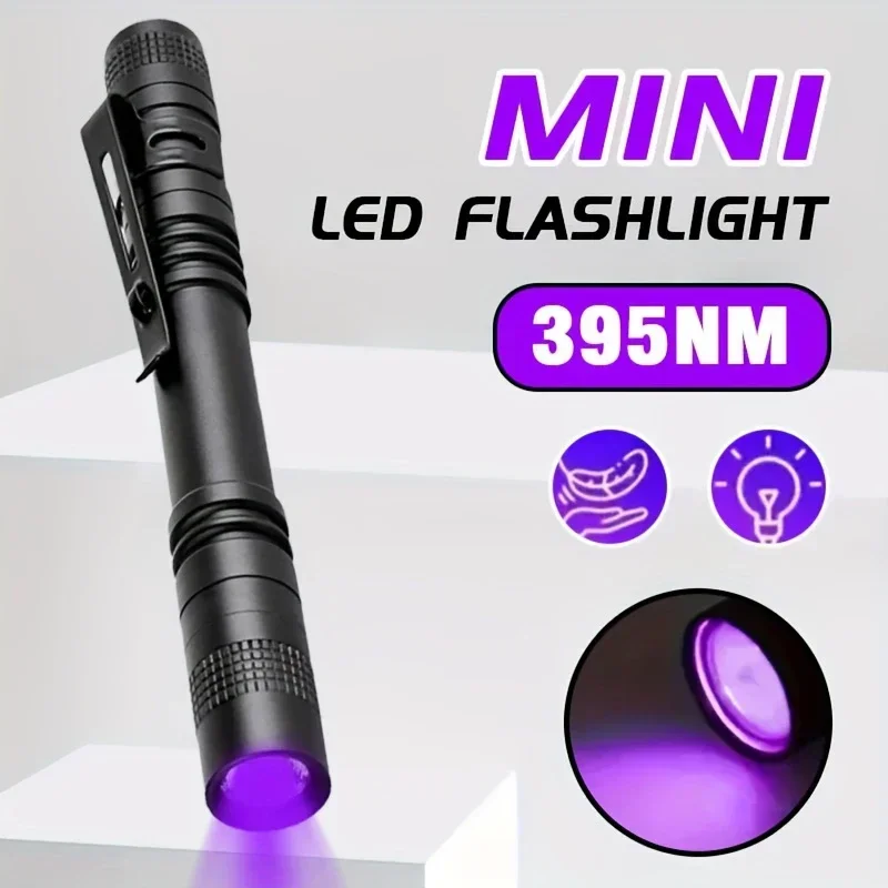 Linterna UV de 395nm, antorcha ultravioleta con Clip para bolígrafo, luz violeta portátil, Detector de escorpión y orina de mascotas, lámpara UV, utiliza baterías AAA