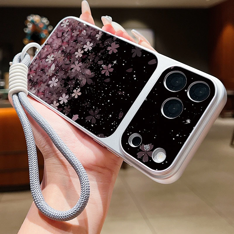 Matte Leather Texture Phone Case For iPhone 17 Pro 16 15 14 13 Pro Max Cherry Blossom Print Wrist Strap Lanyard Soft TPU Cover
