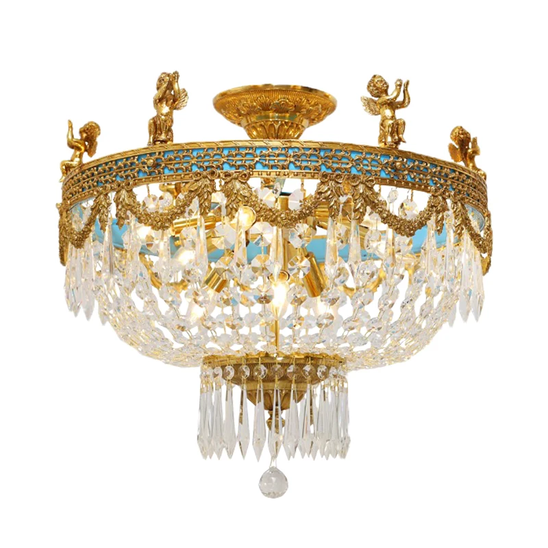 

French Rococo Brass Ceiling Lamp Villa Hotel Project Living Room Luminaire European Royal Luxury Crystal Ceiling Light Fixtures