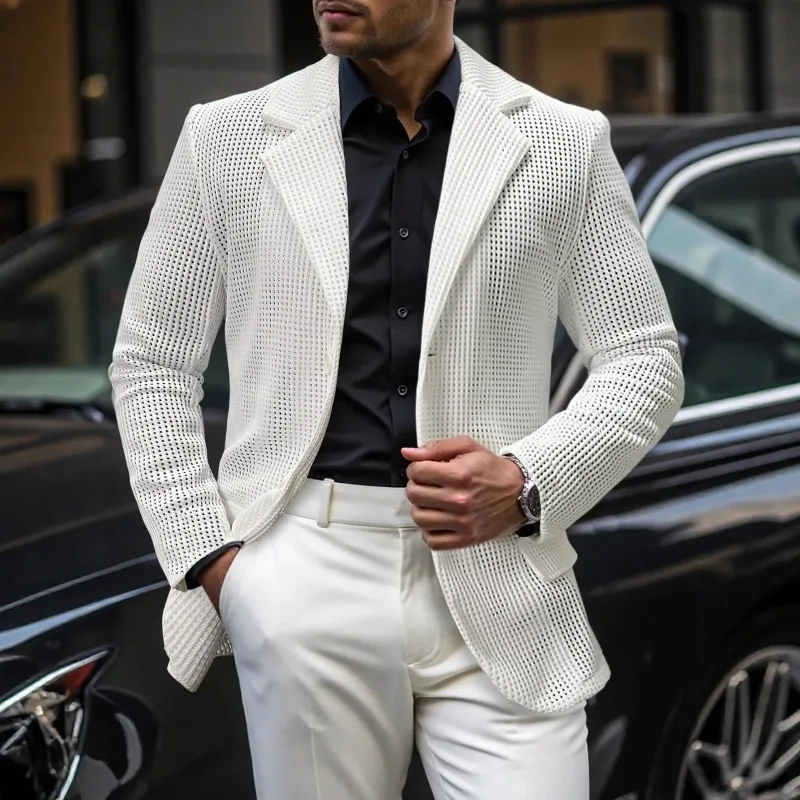 Vintage Plaid Textured Slim Blazer Jacket Mens Coats Spring Fashion Solid Color Button-up Suit Jackets For Men Casual Cardigans