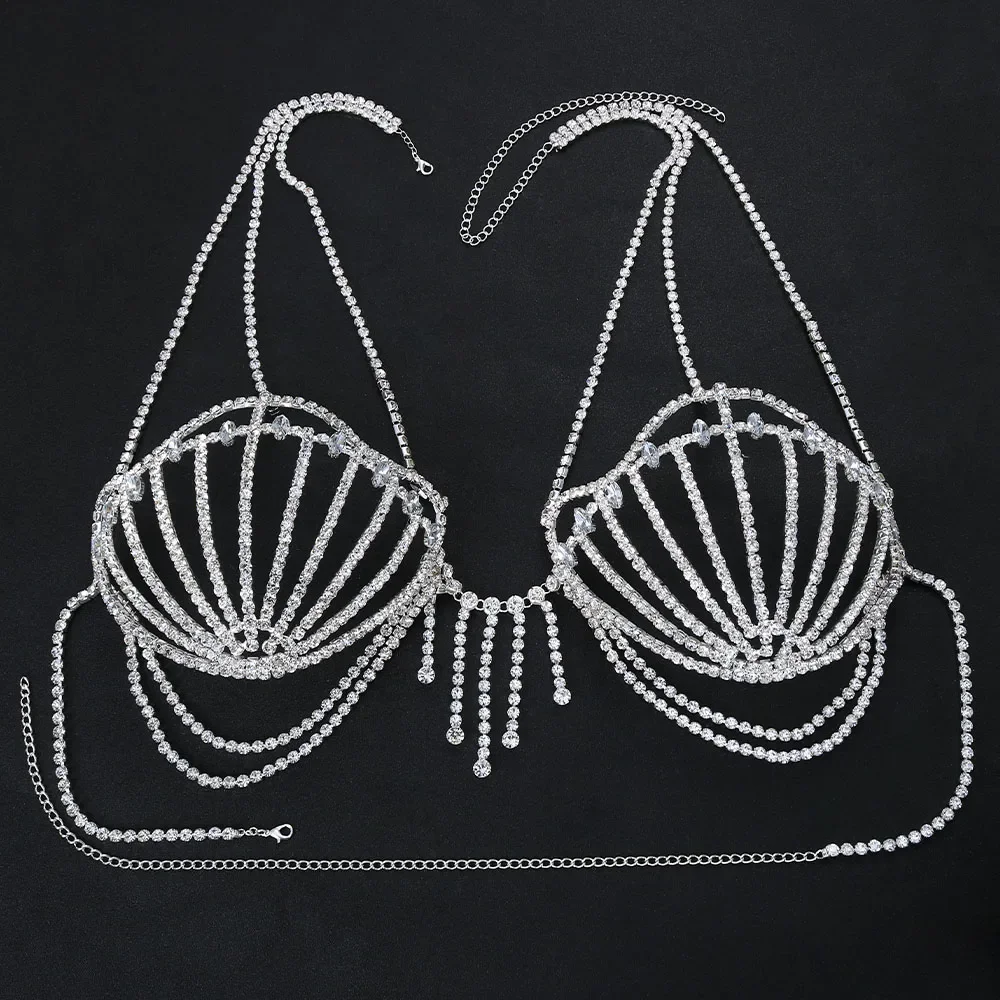 Fashion Bikinis Rhinestone Bra Chain Dress Chest Accessories Nightclub Clothing Festival Crystal Body Jewelry Top for Women