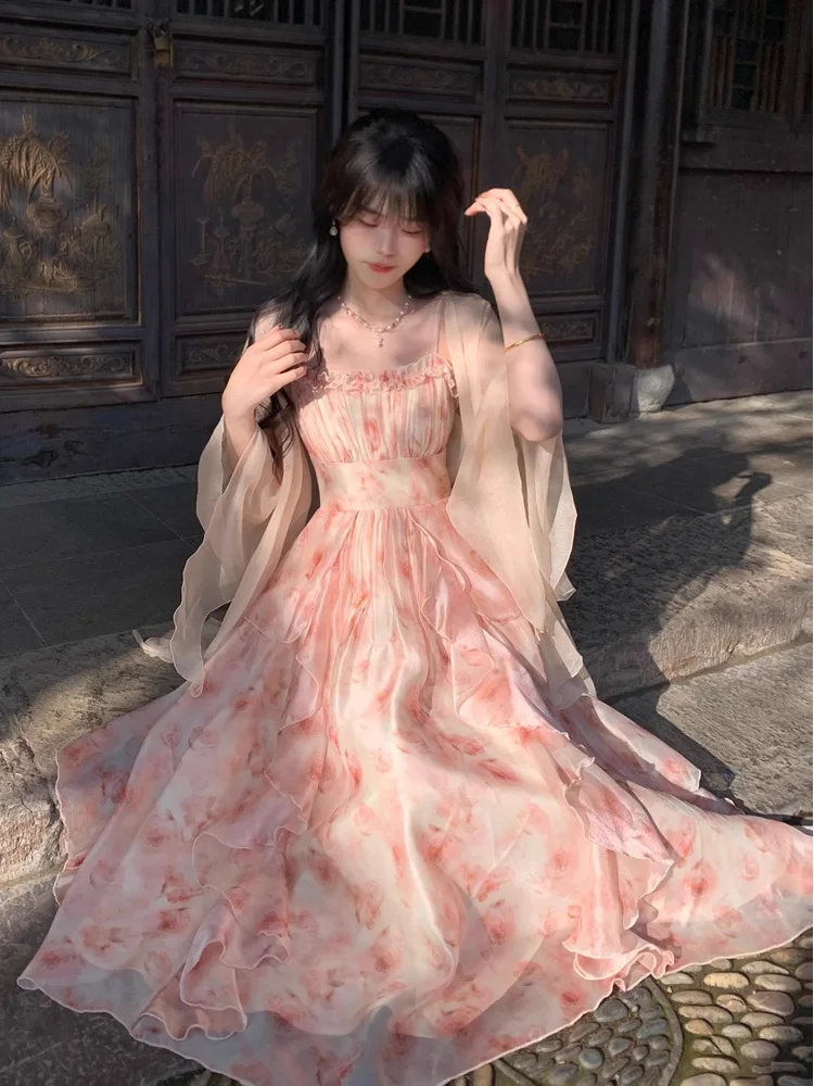 

Летний комплект из двух предметов с цветочным принтом, женский ремень Dr, защита от солнца, Fairy Princ Sle, розовый цвет, модный ансамбль