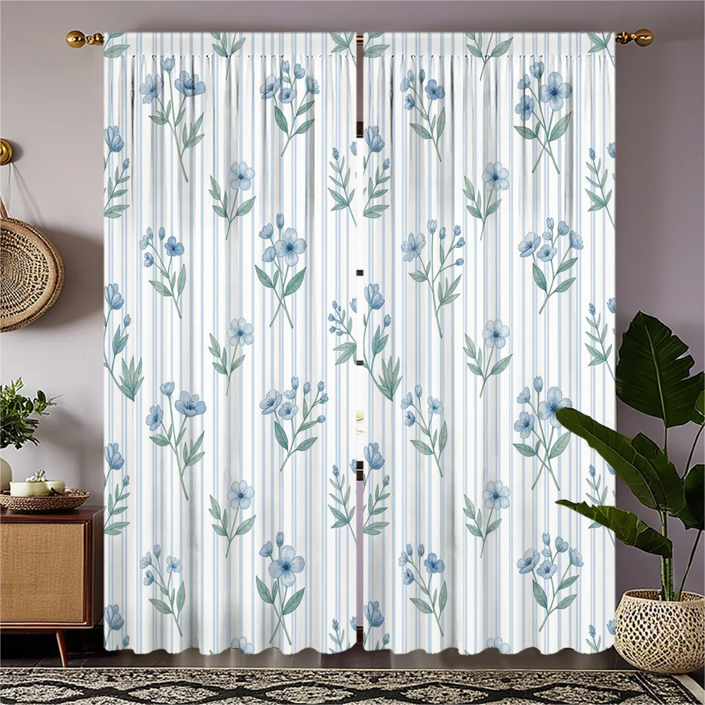 Elegante Blaue Vorhänge mit Botanischem Blumenmuster für Wohnzimmer und Schlafzimmer, Leichte Fensterdekoration
