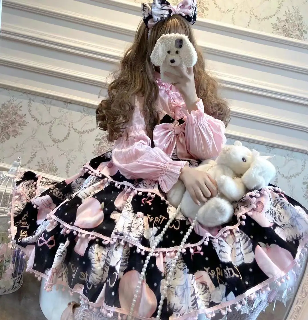 Lolita Kawaii Girl Tea Party Robe à bretelles pour femme, nœud papillon épais, taille haute, impression mignonne, Cosplay Cos