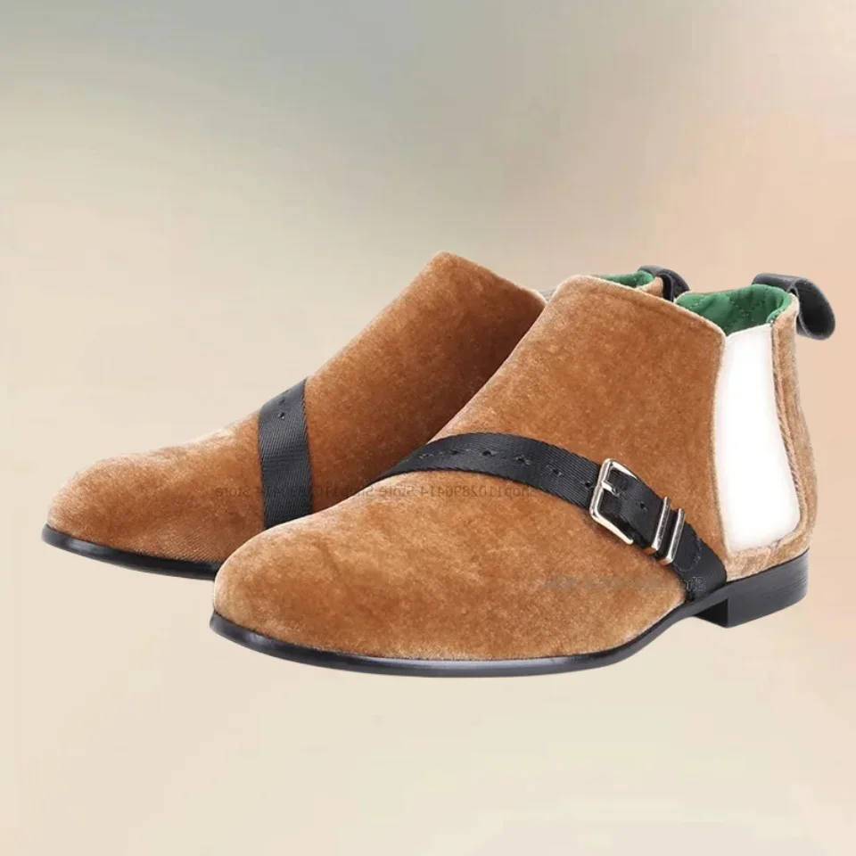 

Metal Buckle Decor Brown Velvet Men Ankle Boots Fashion Comfort Slip On Men Shoes Novel Handcraft Handsome Party Feast Men Boots